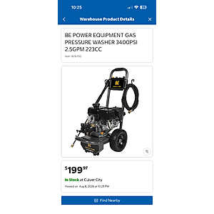 Costco Warehouse Clearance: BE POWER EQUIPMENT GAS PRESSURE WASHER 340OPSI 2.5GPM 223CC $449.99
