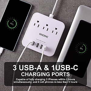 $10 FS Walmart+ by ONDOG Power Strip with 3 AC Outlets & 4 USB Ports (1 USB-C), No Surge Protection 6 Ft Extension Cord, Suitable for Office
