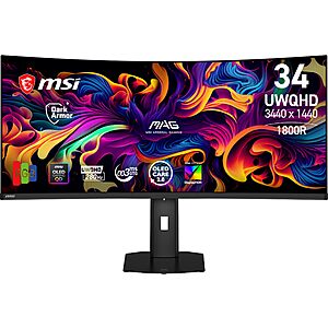 msi MAG 341CQP QD-OLED X28 34" UWQHD Tandem QD-OLED Monitor,3440x1440,1800R,RGB Stripe,DarkArmor Film,Uniform Luminance,280Hz,0.03ms,AI Care Sensor,AMD FreeSync for $750