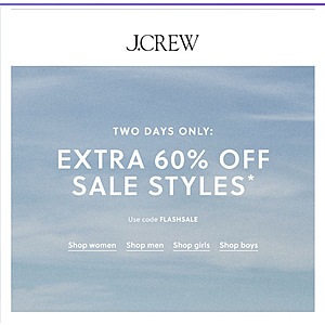J Crew Extra 60% Off Sale Styles with code FLASHSALE 2 Days Only