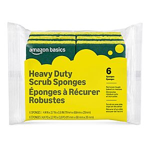 $3.09 or less S&S   Amazon Basics 6 count Heavy Duty Dual-Sided Scrub or  Non-Scratch Dual-Sided Sponges, Reusable, 4.4 x 2.7 x 0.8 in,
