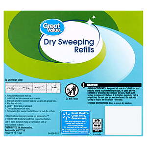 $6.38 FS Walmart+ or Pick Up: Great Value Dry Sweeping Cloth Refills for Swiffer Mops, 32 Count or 52 count $7.76