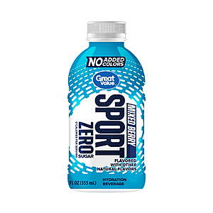 $4.98 FS WALMART+ or Pick Up Great Value Regular or Zero Sugar Sport Hydration Beverage,12 fl oz, 12 Count or 18 count $6.98