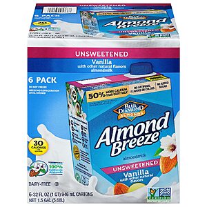 $10.49AMAZON: Shelf Stable Almond Breeze Dairy Free Almondmilk, Unsweetened Vanilla, 32 Ounce (Pack of 6)
