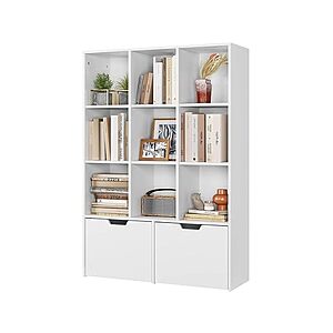 Senfot White Bookshelf, 55.3" H Bookcase with Doors and Shelves, Tall Storage Cabinet with 9 Cubes and 2 Large Drawers - $79.99 + free shipping w/ Prime