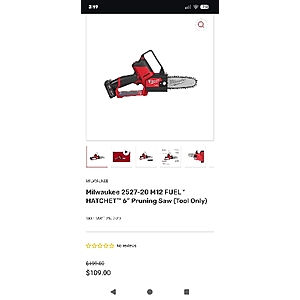Milwaukee 2527 M12 Pruning Saw $109