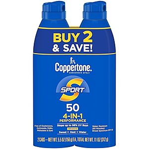 2-Pack 5.5-Ounce Coppertone Sport SPF 50 Continuous Spray Sunscreen $7.24 + Free Shipping w/ Prime or on $35+