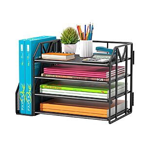 handimp 4-Tier Paper File Organizer with Bookend, Metal Desk Organizer, Black - $9.99