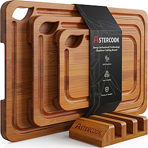 Astercook Deep-Carbonized Bamboo Cutting Boards for Kitchen with Wood Storage Stand $23.72