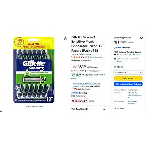 Gillette Sensor3 Sensitive Men's Disposable Razor, 12 Razors (Pack of 6), 72 total for $43.04 AC, 59.8c EA, AMAZON