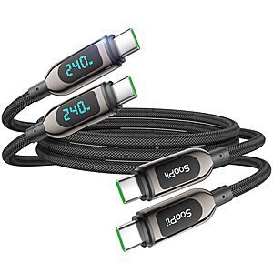SOOPII 240W USB C Cable with LED Display, Nylon Braided, (4ft,2-Pack) $14.6