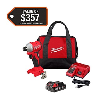 Milwaukee M18 18-Volt Lithium-Ion Compact Brushless Cordless 1/4 in. Impact Driver Kit with One 2.0 Ah Battery, Charger & Tool Bag $95.25