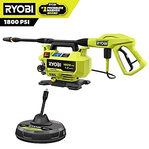 RYOBI 1800 PSI 1.2 GPM Cold Water Electric Pressure Washer with Surface Cleaner, $99, FS, Home Depot