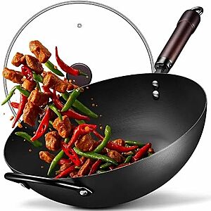 13" CGJ Flat Bottom Pre-Seasoned Carbon Steel Wok w/ Glass Lid $19.79 + Free Shipping w/ Prime or on $35+