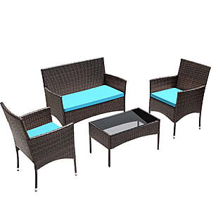 4-Piece Lacoo Outdoor PE Rattan Wicker Patio Furniture Set w/ Loveseat, 2 Chairs and Table (Blue or Red Cushions) $119.99 + Free Shipping