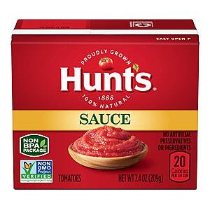Hunt’s Tomato Sauce, Perfect for Chili & Soups, 7.4 oz. Carton (Pack of 24)~$14 @ Amazon