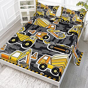Datura Home Construction Truck 4Pcs Twin Sheet Set - 1 Flat Sheet, 1 Fitted Sheet, 2 Pillowcases - Truck Yellow - $15.99