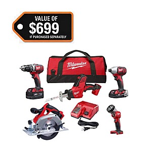 Milwaukee M18 18V Cordless Combo Kit (5-Tool) with (1) 3.0Ah and (1) 1.5Ah Battery, (1) Charger, (1) Tool Bag Lithium-Ion $270