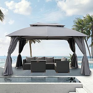 Grand Patio 10x13 Gazebo Double Soft Top Canopy Anti-UV Shelter with Privacy Curtains and Netting for Patio Deck Backyard Garden Lawns $144.49