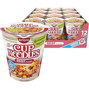 Nissin Cup Noodles Soup, Beef Flavor, Microwaveable Paper Cups, Instant Ramen, 2.25 Ounce (Pack of 12) | Instant Ramen Noodle Soup~$4.22 With S&S @ Amazon