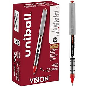 [NEW, SnS] $13.19 | 12-Count Uni-Ball Vision Rollerball Pens (Fine, 0.7mm, Red) at Amazon