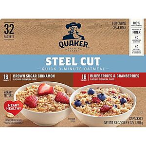 [SnS, AC] $15.63** | 32-Count Quaker Steel Cut Quick 3-Minute Oatmeal at Amazon (48.8￠ each)