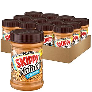 $15.29 or less S&S Q SKIPPY Natural Peanut Butter Spread, Creamy, 7 g protein per serving, 15 oz. (12 Pack) | 7 g protein per serving