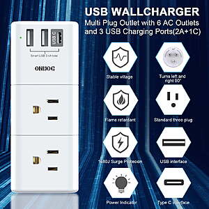 $9.59 FS WALMART+ By ONDOG USB Wall Outlet Expander 900 J Surge Protector - 6 Outlet Extender, 3 USB with Rotating Plug,