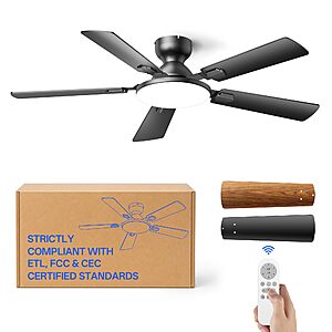 Homelist Ceiling Fans with Lights 52 Inch, Flush Mount Fan, Matte Black $63.99