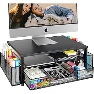 OPNICE 2-Tier Monitor Stand Riser w/ Drawer & Pen Holders $19.79