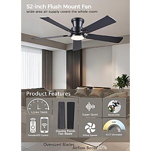 JSAITEE 52in Flush Mount Remote Control Ceiling Fans with Lights Low Profile, Black $39.99 + Free S&H at Amazon