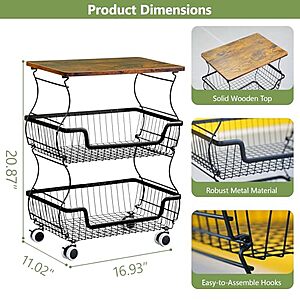 3-Tier, 20.87" Tall Rolling Wire Produce Storage Basket Cart w/ Locking Wheels $19.98 + Free Shipping w/ Prime or on orders $35+