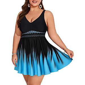 Hanna Nikole Womens Plus Size Tankini Swimdress with Boyshorts Two Piece V Neck Backless Bathing Suit Black Lake Blue US 16W $13.99