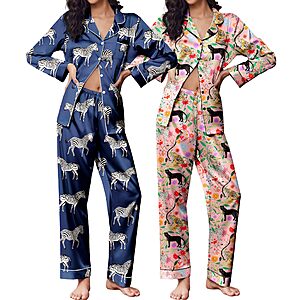 Ekouaer 2 Pack Pajamas for Women Set Silk Lounge Sets Button Up Pj Sets $19.99