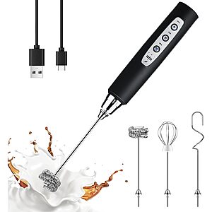 YUSWKO Handheld Milk Frother Wand for Coffee, Rechargeable Electric Whisk with 3 Heads 3 Speeds Drink Mixer Coffee Frother For Latte $20.99