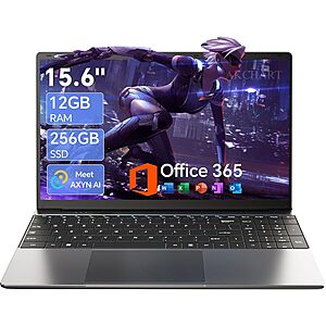 15.6'' AI Laptop with Office 365 12GB RAM 256GB SSD Win 11 Laptops | 7000mAh Battery, IPS FHD, 180°Viewing, Quad-Core Processor $329.99