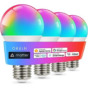 4-Count OREiN Matter A19 E26 Wi-Fi Smart LED Bulbs Compatible w/ Apple Home, Alexa, Google & More (800 Lumens, RGBTW Color Changing) $13.99 + Free Shipping w/ Prime or on $35+