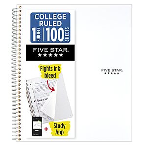 Five Star Spiral Notebook + Study App, 1 Subject, College Ruled Paper, 8-1/2" x 11", 100 Sheets, Fights Ink Bleed, Water Resistant Cover, White (72456) $2.97