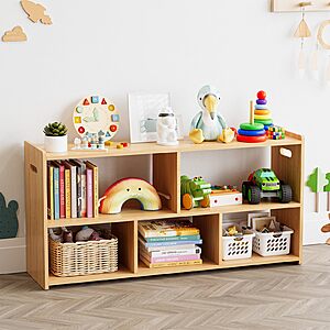 5-Compartment Bookshelf, Montessori for Toddlers, Wooden Book Shelf Organizer Storage Furniture for Kids Rooms, Playroom, Nursery and Classroom, 44.5“ Wide, Natural