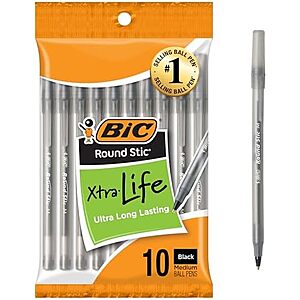 [SnS] $0.94* | 10-Count BIC Round Stic Xtra Life Medium Point Ball Pens (Black, 1.0mm) at Amazon