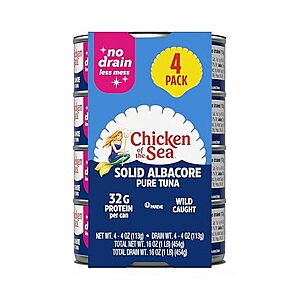 [SnS, AC] $3.55* | 4-Pk 4-Oz Chicken of the Sea Wild Caught Albacore Tuna Cans at Amazon