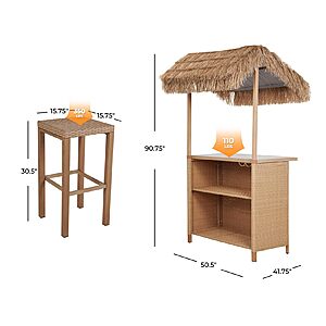 Grand patio Outdoor Tiki Bar Set with Widen Ceramic Top (42 Inch W), Phuket 3-Piece Wicker Islander Tiki Bar and 2 Stools Storage for Garden  $160 + Free Shipping