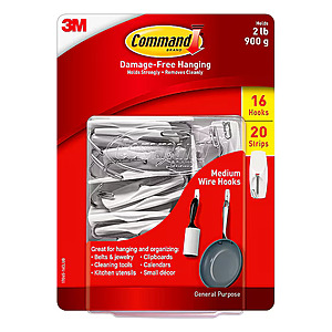 $3.29: 3M Command Medium Hook, White(16 Hooks and 20 Medium Strips, 2 lbs) at Staples