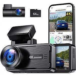 JOMISE 4K 360° Dash Cam Front and Rear, w/ 64GB Card, Low-Light Sensor, Wi-Fi 6 GPS, Touch Screen, HDR WDR, Support 1TB, A80T $49.99