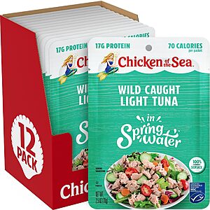 $6.25 S&S Clip Q AMZ Chicken of the Sea Wild Caught Light Tuna in Spring Water, 2.5 Ounce Packets, 12-Count
