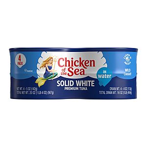 $3.43 or less S&S 35% off Q AMZ:Chicken of the Sea Wild Caught Premium Solid White Albacore Tuna in Water, 5 oz Cans, 4-Count –