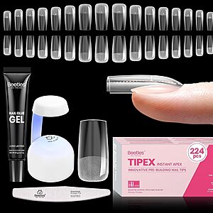 Beetles 224-Piece Tipex Instant Apex Soft Gel Clear Press On Nail Kit w/ UV Lamp & Gel Glue (Square or Coffin) $9.89 w/ S&S + Free Shipping w/ Prime or on $35+