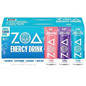 18-Pack 12-Oz ZOA Zero Sugar Energy Drinks (White Peach, Tropical Punch & Frosted Grape Variety) $14.55 w/ S&S + Free Shipping w/ Prime or on $35+