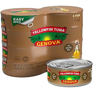 Genova Premium Yellowfin Tuna in Olive Oil, 5 Ounce Cans, 8-Pack – Nutrient Rich, High Protein Canned Tuna Fish~$14.16 With S&S @ Amazon