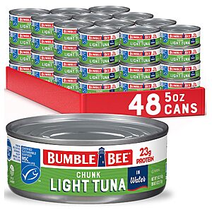Bumble Bee Chunk Light Tuna in Water, 5 oz (Pack of 48) Wild Caught Tuna, 23g Protein per Can, MSC Certified Sustainable Seafood~$32.79 With S&S @ Amazon